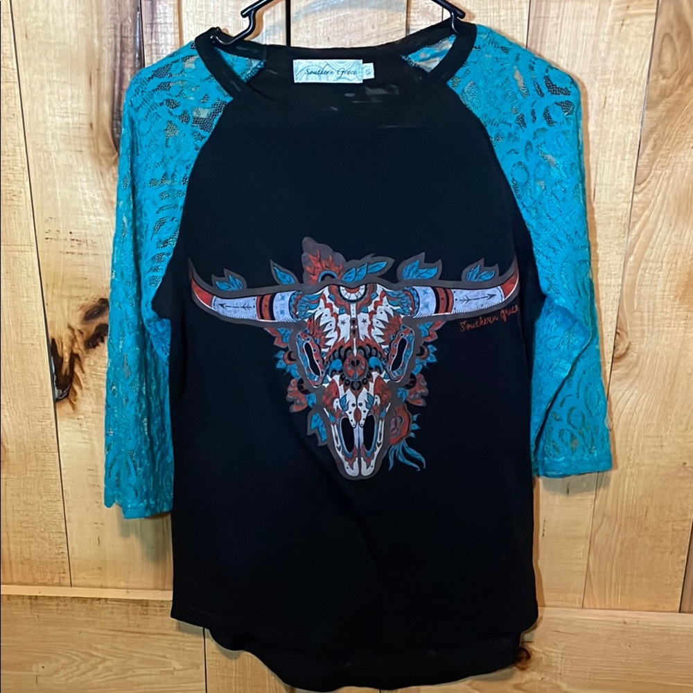 Black Top with Teal Lace Sleeves and Longhorn Graphic